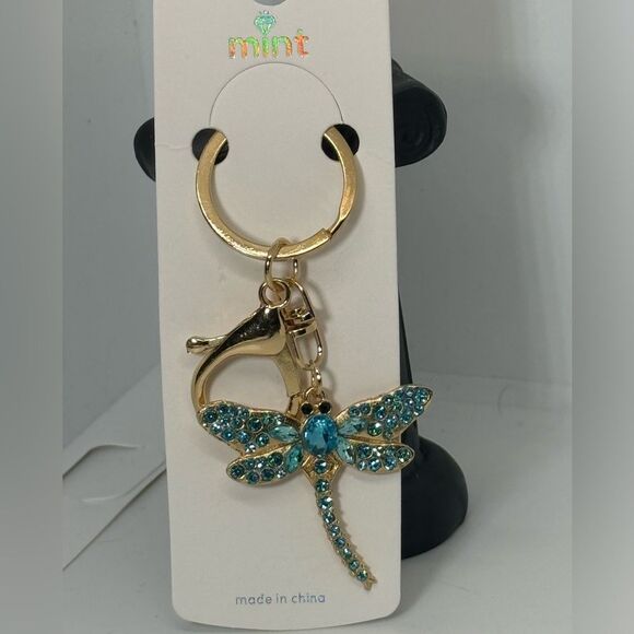 BAG CHARM Blue Crystal Dragonfly Keychain Charm - Gold Accent - Picture 6 of 9